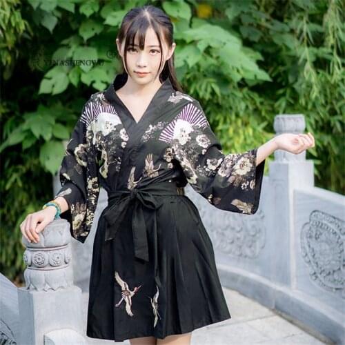Kimono Women Dress Coat Skirt 2 Pcs Lady Japanese Yukata Haori Suits Printed Costume Clothes Femal Clothing Girl Robe Tops Sets