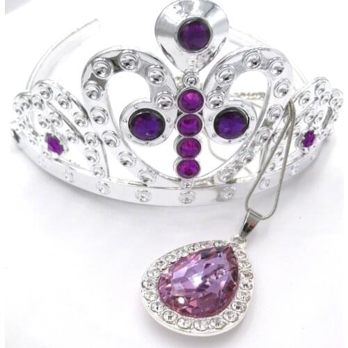 1set Baby Girls Princess Sofi The First Purple Teardrop Amulet Chain Necklaces Tiara Crown Hair Clip Jewelry Set Gift For Child