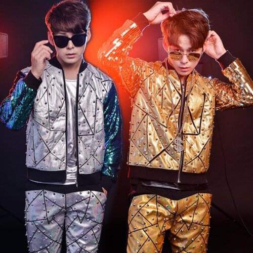 Sequin Suit Laser Gold and Silver Leather Coat Leather Pants Suit Stage Performance Costume Men Hiphop Jazz Dance Clothes XS2220