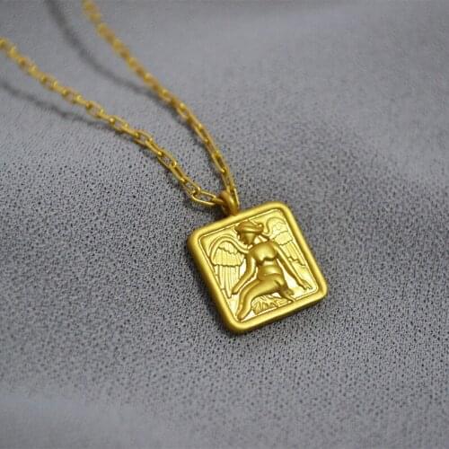 Square Portrait Angels Wings Medallion Layering Pendant Necklace Gold Chain Women Jewelry Minimalist Retro
