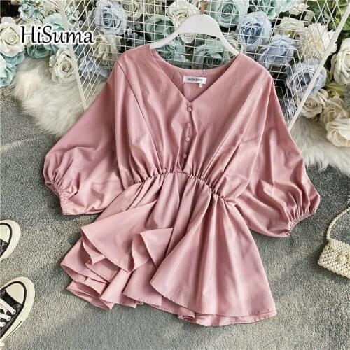 HISUMA 2021 summer new female V collar single buttons bat sleeve ruffles chiffon shirts women V-neck elegant blouses chic shirt