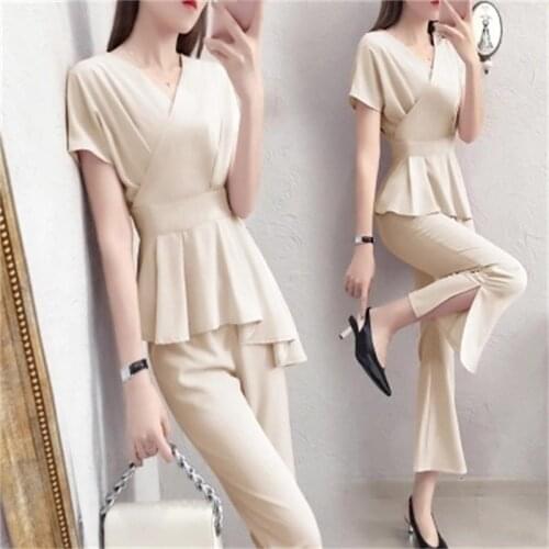 Fashion Goddess Pants Set Female Summer 2019 Spring New Fashion Waist Irregular Ruffled Tops Plus Wide Leg Pants Two-piece Set