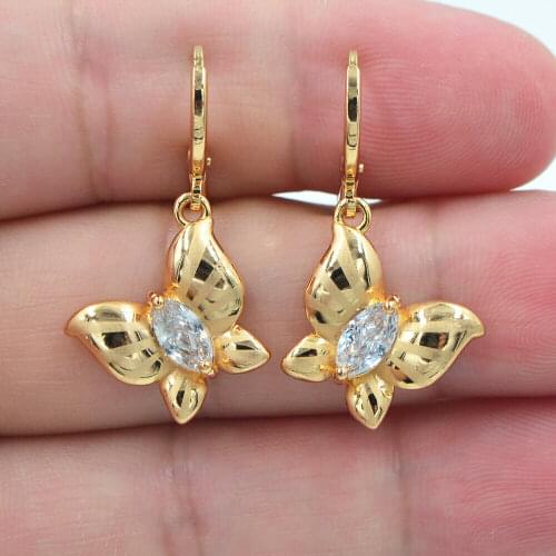 Fashion Jewelry Gold Color Clear Zircon CZ Laser Stamped Butterfly Dangle Earrings for Women