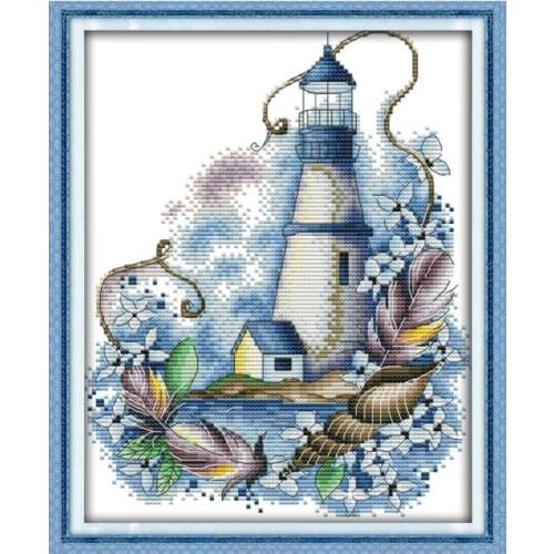 Blue lighthouse cross stitch kit aida 14ct 11ct count printed canvas stitches embroidery DIY handmade needlework