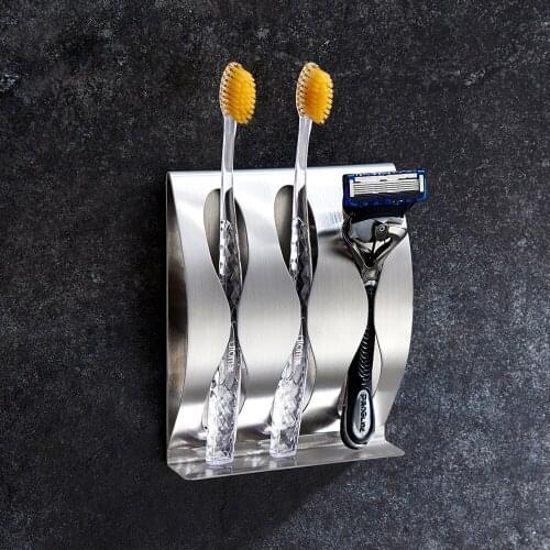Wall Mount Toothbrush and Razor Holder Self-Adhesive Stainless Steel Bathroom Cabinet Organizer Accessories