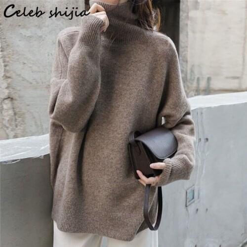 New Autumn Khaki Woolen Sweater Woman Turtleneck Oversized Knit Jumper Female Korean Style Gray Cashmere Sweater Winter