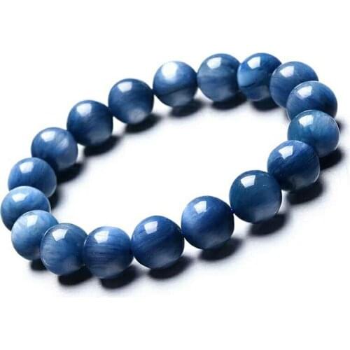 Genuine Blue Natural Kyanite Bracelets For Women Men 12mm Stretch Crystal Cat Eye Effect Natural Stone Round Bead Bracelet AAAA