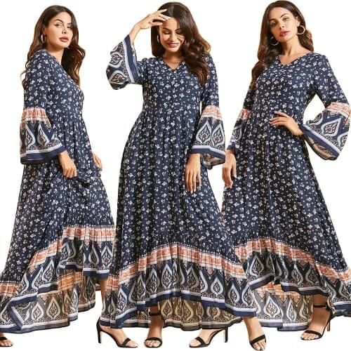 Muslim Women Arab Long Dress Floral Prtinted V-neck Maxi Robe Flare Sleeve Single-breasted Boho Sundress Loose Casual Fashion