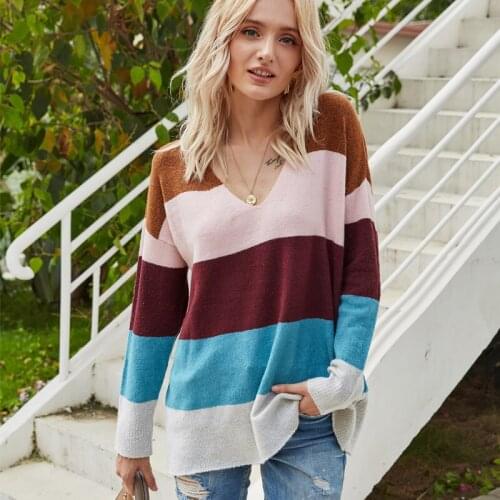 Striped Contrast Color Sweaters Women Causal Pullovers V-neck Top Backless Streetwear Long Sleeve Plus Size Women Clothes Autumn