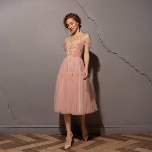 Pink Sexy High Quality Women Dress V-neck Applique Flowers A-line Tea Length Female Dresses Custom Made