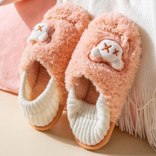 Women Slippers Winter Men Flip Flops Cute Cartoon Bear Couple Indoor Non-Slip Shoes Home Floor Slides Flat Casual Silent