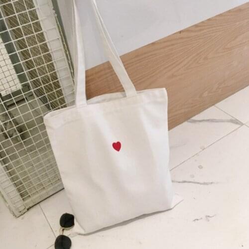 Embroidered Red Heart Pattern Canva Shopping Bags Eco Reusable Foldable Zipper Tote Shopper Bag Casual Girl Gift Shoulder Bags