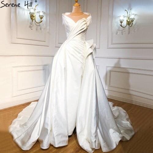Serene Hill Ivory Detachable Train Mermaid Wedding Gowns 2020 Satin Caps Sleeves Bridal Dresses HA2460 Custom Made