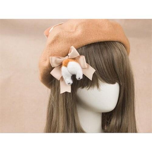 Lolita Bow Hairpin headband Headwear Women Cute Corgi beret cap Hair Accessories Side Clip B1390