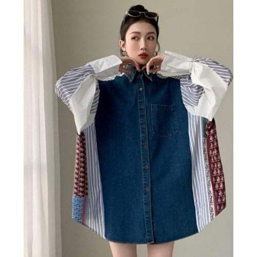 Women Blouse Dress 2021 Spring Loose Vintage Turn Down Collar Buttons Long Sleeve Denim Patchwork Print Female Shirt Vestidos