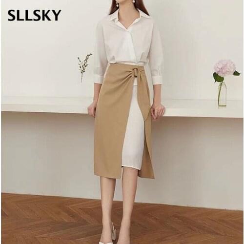 Sllsky Office Lady Skirt Casual Elegant High Waist Solid Color Stitching A-line Skirt 2021 Summer New Female Irregular Skirt