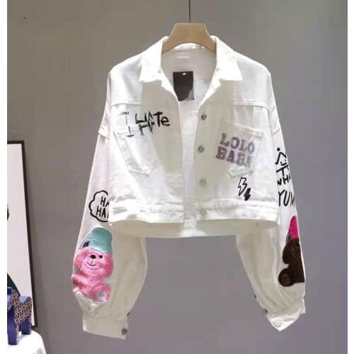 Wome Denim Jackets Cartoon Print White Basic Short Jackets 2021 Spring Autumn Long Sleeve Letter Printted Outerwear Coats