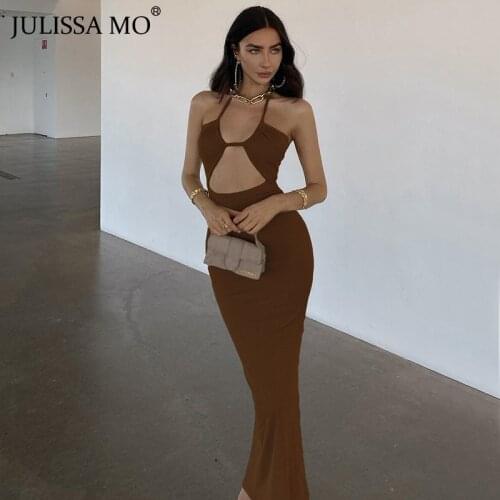 JULISSA MO New Spaghetti Strap Backless Maxi Bodycon Dress Woman Summer Hollow out Sleeveless Slim Dress Ladies Sexy Party Wear