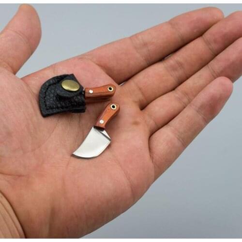 New 1Pcs Wood Handle Stainless Steel Blade Mini Pocket Knife Mini Bucher Knife Leather Sheath Outdoor Survival Tool