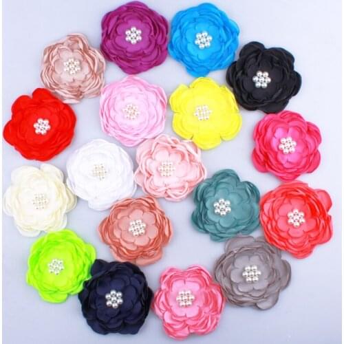 200PCS 9.2CM Newborn Burned Satin Fabric Flowers With Bead For Headbands Chiffon Flower For Hair Accessories