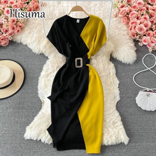 2021 summer new womens chic v-neck color block split chiffon sheath dresses female retro Elegant Satin party dress with belt