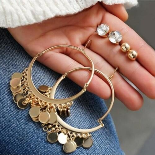 3 Pair Bohemian Crystal Round Tassel Earrings Dangle Rarrings Gold Color Round Circle Drop Earring Women Free Shipping