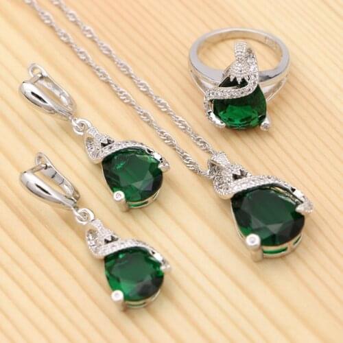 925 Silver Jewelry Sets For Women Party Accessories Green Cubic Zirconia Water Drop Earrings/Pendant/Necklace/Ring