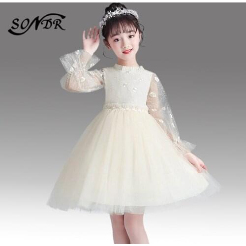 Beige Long Sleeve Flower Girl Dresses HT178 High Collar Lace Kids Wedding Party Dress Appliques Girls Elegant Princess Ball Gown