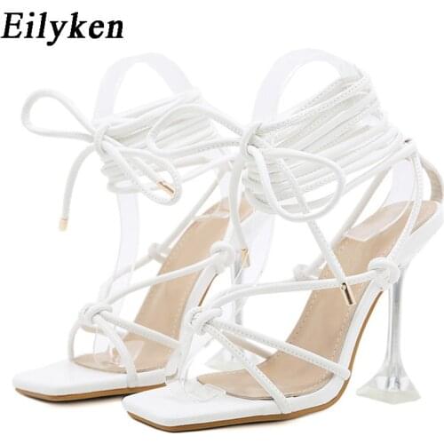 Eilyken 2021 Summer New Women Gladiator knee high Sandals Open toe Lace up Cross Strappy Sandals High heels Fashion Sexy shoes