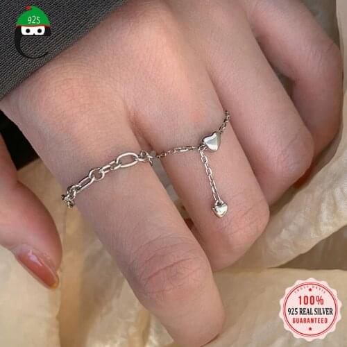 ElfoPlataSi Authentic 925 Sterling Silver Fashion Sweet Heart Chain Open Finger Ring For Women Wedding Fine Jewelry Gift DD1272
