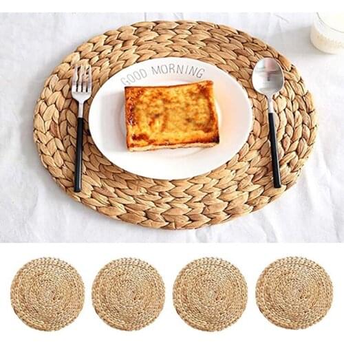 Natural Table Mat Handmade Water Hyacinth Woven Placemat Round Braided Mat Heat Resistant Hot Insulation Anti-Skidding Pad