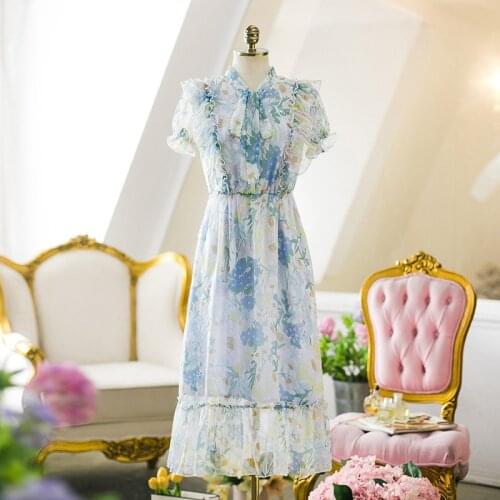 Bow Sweet Ruffles Dress Girls Chiffon Women Casual Lace up Elegant Long Dress Beach Dress Boho Floral Print Buttons Fairy Summer