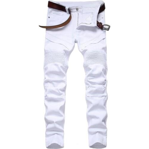 Fashion White Motorcycle Jeans Mens Personality Mens Pants Solid Color Casual Denim Jeans for Men Straight Spliced 90s Jeans
