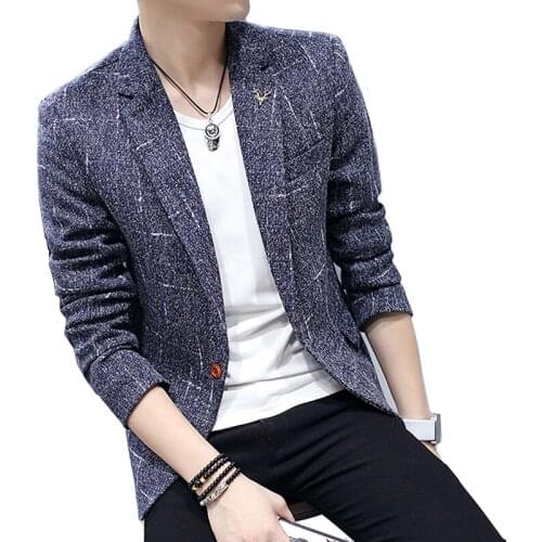 2021 Autumn Winter Mens Woolen Print Slim Fit Casual Suit Jacket High Quality Urban Gentleman Thick Blazer Coat