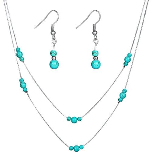 Vintage Turquoises Earring Necklace Jewelry Set Women Fashion Stone Beads Bridal Jewelry Sets Pendant Necklace Dangle Earrings