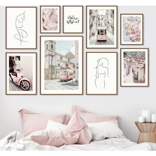 Pink Motorcycle Tram Blossom Cherry Village Wall Art Canvas Painting Nordic Posters And Prints Wall Pictures For Living Room