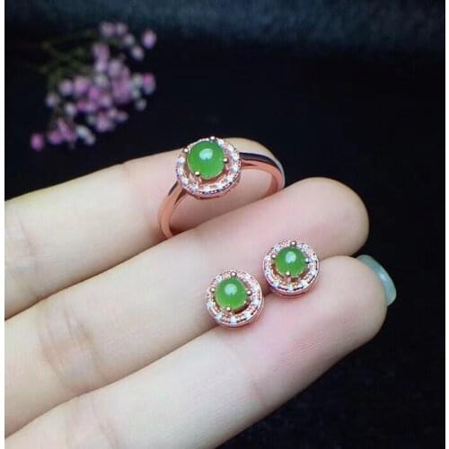 Natural green jasper gem Ring earrings Natural Gemstone Jewelry Set S925 Silver elegant Simple Small round girl party jewelry