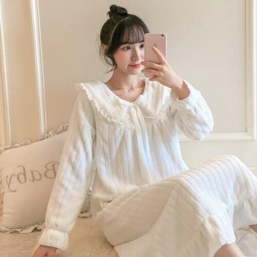 Winter New Solid Color Flannel Nightdress Womens Warm Coral Velvet Palace Princess Nightdress Dress Homing Dress Sleep Tops