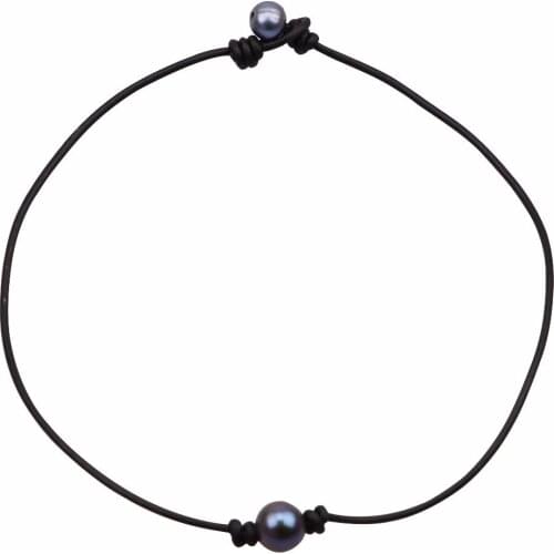 Ambrum Peacock Blue Pearls Choker Leather Necklace Handmade Freshwater Pearls Jewelry Dyed Black Stones