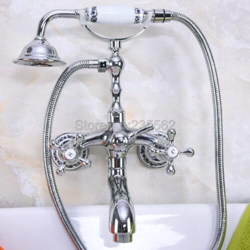 Polished Chrome Clawfoot Bathtub Faucet Set with Handheld Shower Dual Handles Mixer Taps Wall Mounted Lna196