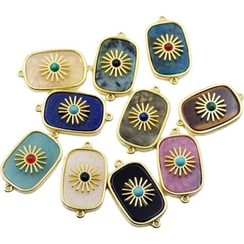 Natural Gems Stone with Flower Metal pendants Fashion Gold-plated Crystal charm Stone Beads Paved connector for bracelet making