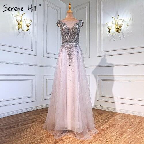 Serene Hill Pink A-Line Luxury Evening Dresses Gowns 2021 Beaded Cap Sleeves For Woman Wedding Party LA71294