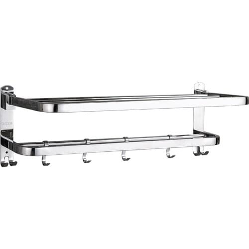 Folding 2 Layers Stainless Steel Bathroom Towel Rack Storage Holder Wall Hanger Polished Toilet Towel Clothes Shelf With 9 Hooks