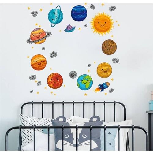 Solar System Planet Cartoon Wall Stickers Childrens Room Decoration Nursery Kids Bedroom Pattern For Home Living Room #BL5