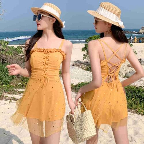 2021 New Swimming Fairy Fan One-Piece Sling Fold Lace Decoration Waist Tie Flat Angle Stitching Mesh Conservative Hot Student