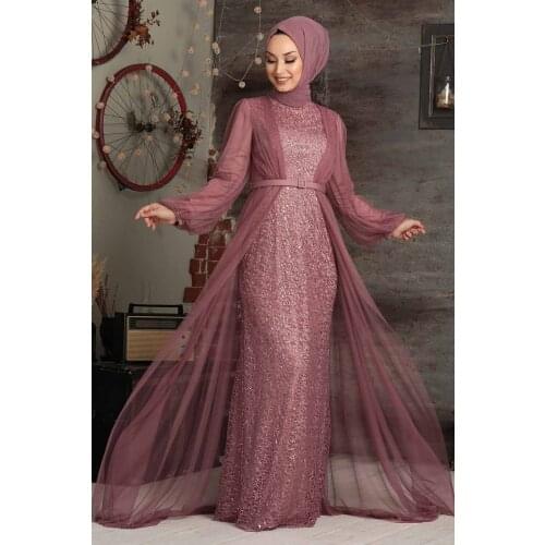 TIS-5383 Muslim women clothes Evening Dress Stamp Sequin Hijab Long Sleeve Muslim Women Prom Party Ceremon Gown womens dress