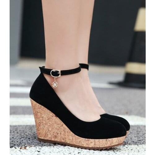 LIHUAMAO Suede wedges women high heels round toe ankle strap shoes platform pumps wedding party shoes comfort skid resistance