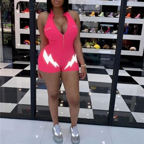 Akaily Streetwear Letter Print Solid Halter Zipper Sleeveless Jumpsuit Women Summer Bodycon Backless Shorts Female Romper 2021