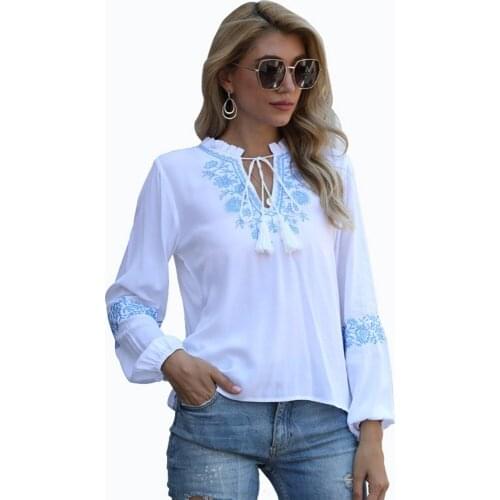 Spring Ladies Embroidered Shirt Long Sleeve Casual Shirt White tassel Tie T-Shirt Loose Sexy New Print V-neck Long Sleeve Shirt