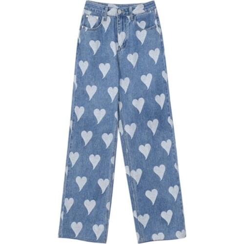 Womens Pants Straight Leg Jeans High Waist Slim Loose Autumn Winter Pants Casual Mom Fashion Trousers Love Printed Denim Jeans